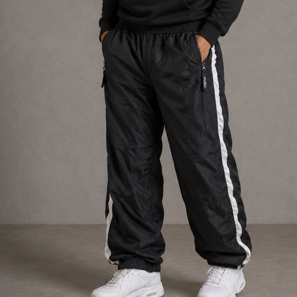 FUBU International Mens Vintage 90s Black Nylon Track Pants Baggy Side Stripe